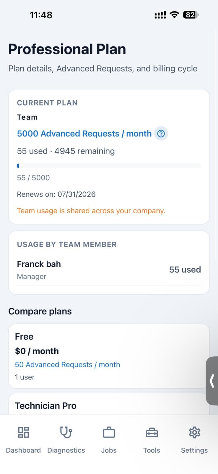 Professional Plan interface preview